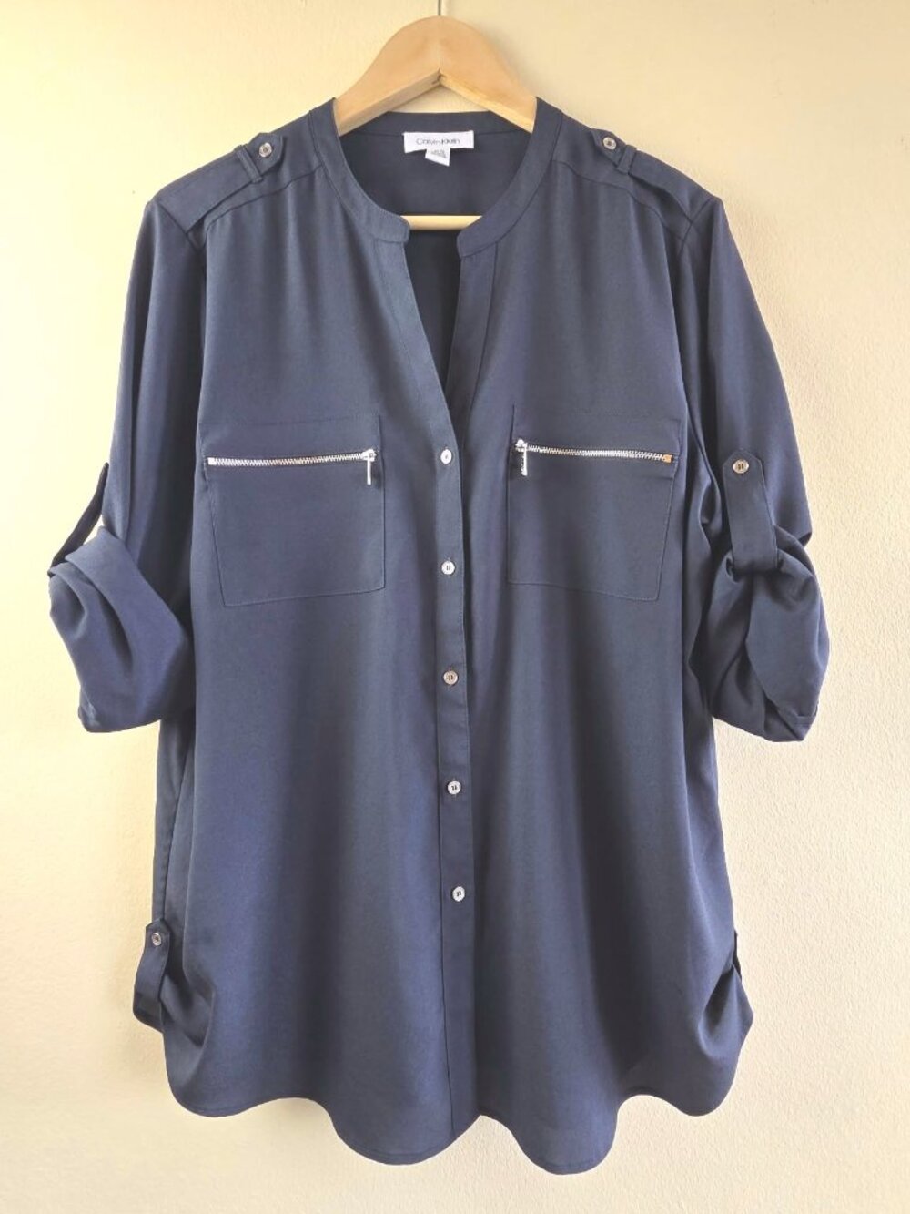 Calvin Klein Women's Blouse Grey-Blue w/Silver Accents Size XL Business Chic